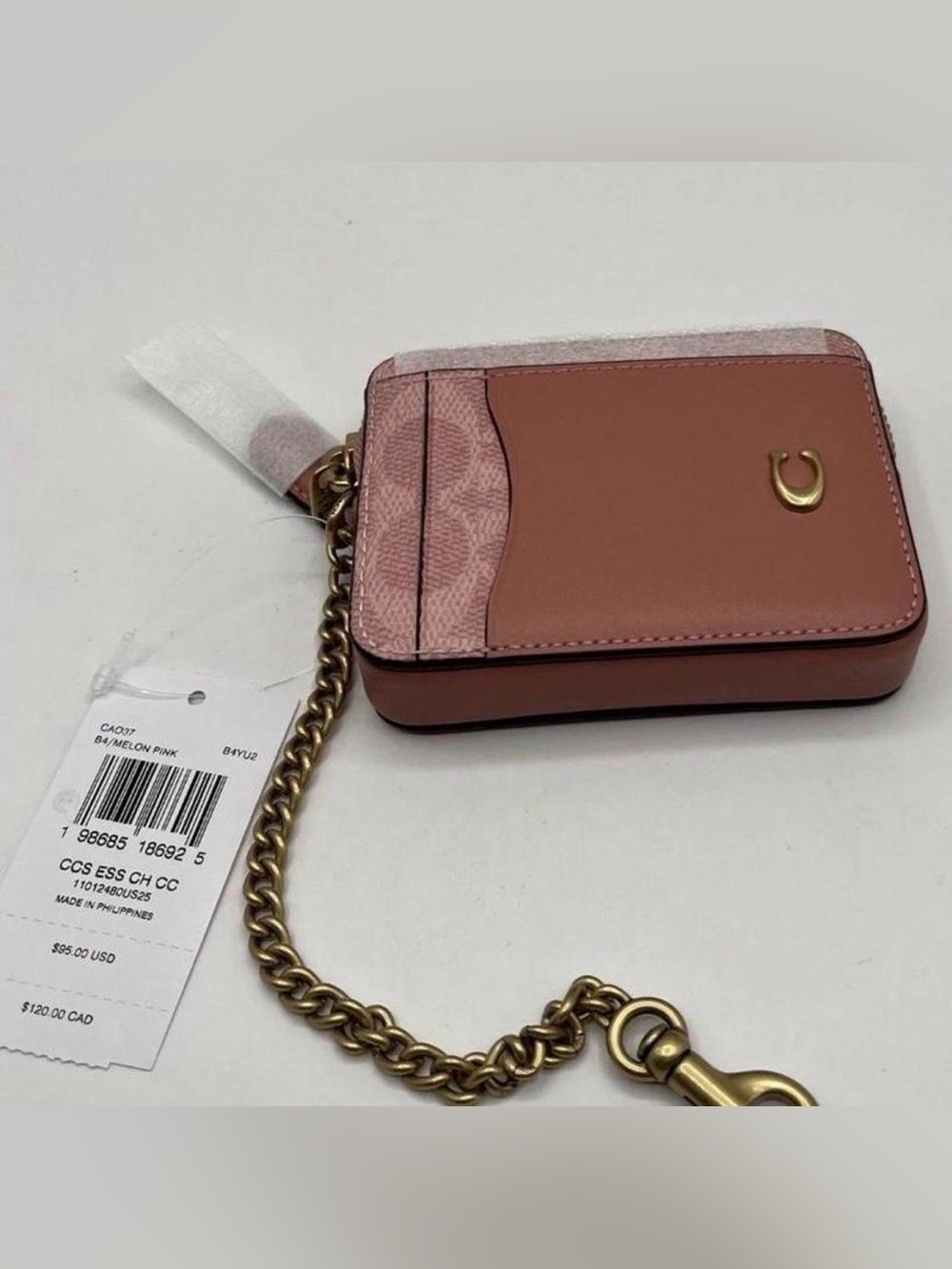 Coach Melon/Pink Leather Zip Card Case Wallet with Gold Chain